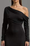 Black Satin One Shoulder Sheath Maxi Formal Dress with Sleeves