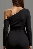 Black Satin One Shoulder Sheath Maxi Formal Dress with Sleeves