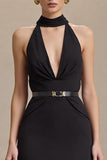 Black Halter Sheath Stain Maxi Formal Dress with Slit