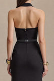 Black Halter Sheath Stain Maxi Formal Dress with Slit