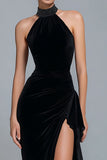 Black Halter Sheath Ruffled Maxi Holiday Party Dress with Slit