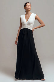 Chiffon Black and White V Neck A Line Long Formal Dress