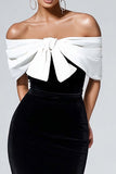 Black and White Velvet Bodycon Maxi Evening Dress with Bow