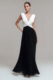 Black and White Chiffon V Neck Ruched Maxi Formal Dress