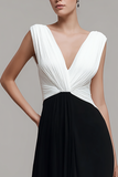 Black and White Chiffon V Neck Ruched Maxi Formal Dress