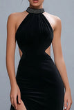 Sheath Halter Cut Out Maxi Ruffled Black Tie Dress with Slit