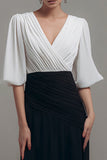 Chiffon Black and White V Neck Ruched Maxi Formal Dress with Sleeves