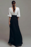 Chiffon Black and White V Neck Ruched Maxi Formal Dress with Sleeves