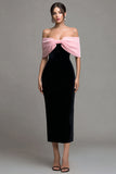 Velvet Black and Pink Strapless Bodycon Maxi Holiday Party Dress with Bow