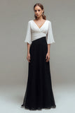 Black and White Chiffon Flutter Sleeves Ruched Maxi Formal Dress