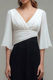 Black and White Chiffon Flutter Sleeves Ruched Maxi Formal Dress