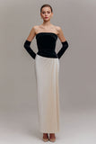Sheath Black and Champagne Velvet Strapless Maxi Holiday Party Dress