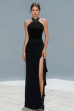 Black Sheath Halter Ruffled Long Holiday Party Dress with Slit