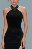 Black Sheath Halter Ruffled Long Holiday Party Dress with Slit