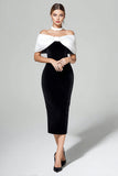 Velvet Bodycon Black and White Maxi Holiday Party Dress with Bow