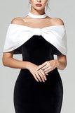 Velvet Bodycon Black and White Maxi Holiday Party Dress with Bow