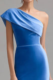 Velvet One Shoulder Blue Midi Bodycon Holiday Party Dress with Slit