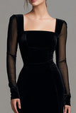 Black Sheath Velvet Square Neck Holiday Party Dress with Slit