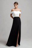 Black and White Satin Off the Shoulder Maxi A Line Formal Dress with Slit