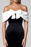 Black and White Bodycon Off the Shoulder Midi Cocktail Dress with Bow