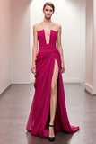 Pink Strapless Ruched Maxi Evening Dress with High Slit