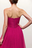 Pink Strapless Ruched Maxi Evening Dress with High Slit