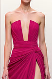 Pink Strapless Ruched Maxi Evening Dress with High Slit