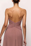 Maxi Blush Strapless Ruched Backless Evening Dress with Slit