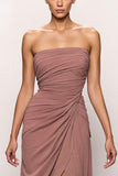 Maxi Blush Strapless Ruched Backless Evening Dress with Slit