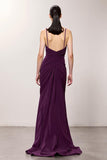 Purple Chiffon V Neck A Line Ruched Maxi Evening Dress with Slit