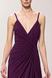 Purple Chiffon V Neck A Line Ruched Maxi Evening Dress with Slit