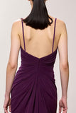 Purple Chiffon V Neck A Line Ruched Maxi Evening Dress with Slit