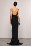 Black Sheath One Shoulder Backless Maxi Evening Dress