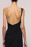 Black Sheath One Shoulder Backless Maxi Evening Dress