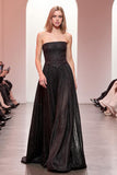 Sparkly Black A Line Strapless Maxi Evening Dress