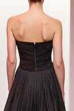 Sparkly Black A Line Strapless Maxi Evening Dress