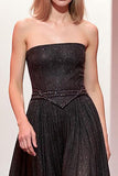 Sparkly Black A Line Strapless Maxi Evening Dress