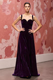 Simple Dark Purple A Line Velvet Maxi Backless Evening Dress