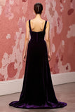 Simple Dark Purple A Line Velvet Maxi Backless Evening Dress
