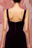 Simple Dark Purple A Line Velvet Maxi Backless Evening Dress
