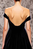 Mermaid Velvet Off the Shoulder Black Sweep Train Evening Dress