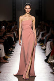Maxi Pink Strapless Ruched Evening Dress with Slit