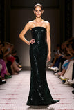 Sparkly Black Sequined Mermaid Strapless Maxi Evening Dress