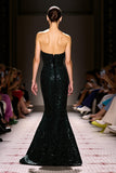 Sparkly Black Sequined Mermaid Strapless Maxi Evening Dress