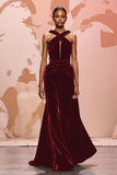 Simple Black Velvet Halter Keyhole Maxi Evening Dress