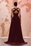 Simple Black Velvet Halter Keyhole Maxi Evening Dress