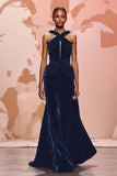 Simple Black Velvet Halter Keyhole Maxi Evening Dress