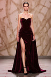 Sweetheart Dark Red Velvet Maxi Evening Dress with Slit