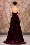 Sweetheart Dark Red Velvet Maxi Evening Dress with Slit