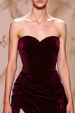 Sweetheart Dark Red Velvet Maxi Evening Dress with Slit